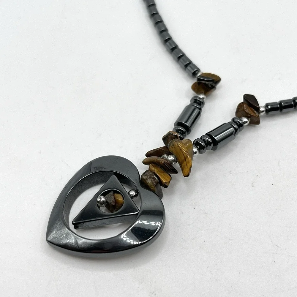 Handmade Hematite & Tiger Eye Mixed Beads Pendant Heart Necklace 16